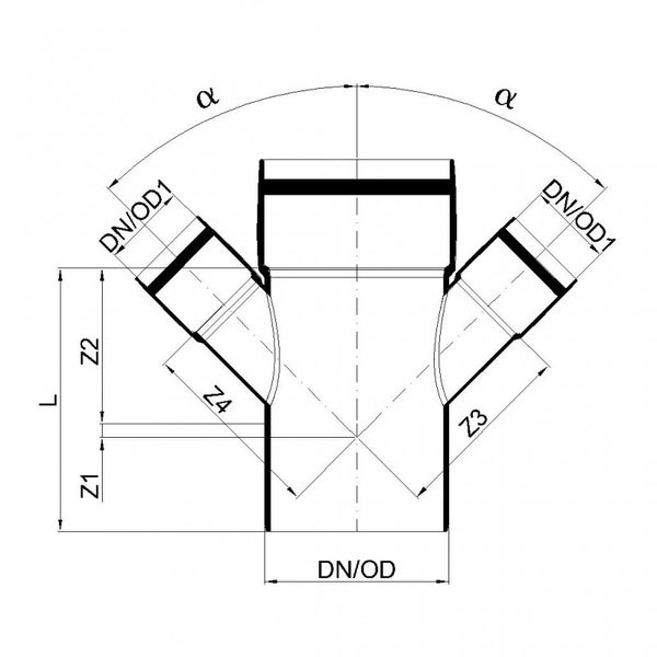 Technische Zeichnung eines Rohr-Doppelabzweigs mit Angaben zu Durchmesser, Längen und Winkeln.