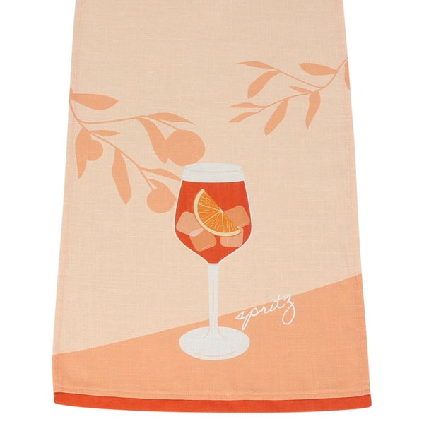 Geschirrtuch mit Spritz Motiv, Cocktailglas mit Eiswürfeln und Orangenscheibe sowie dekorativen Zweigen und dem Schriftzug Spritz