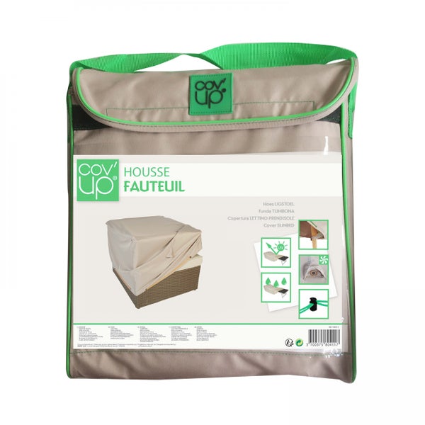 Cov'Up Schutzhülle für Gartensessel und Sonnenliegen, aus beigem Polyester, in Verpackung mit Symbolen für Ultraviolett-Schutz und Wasserfestigkeit.