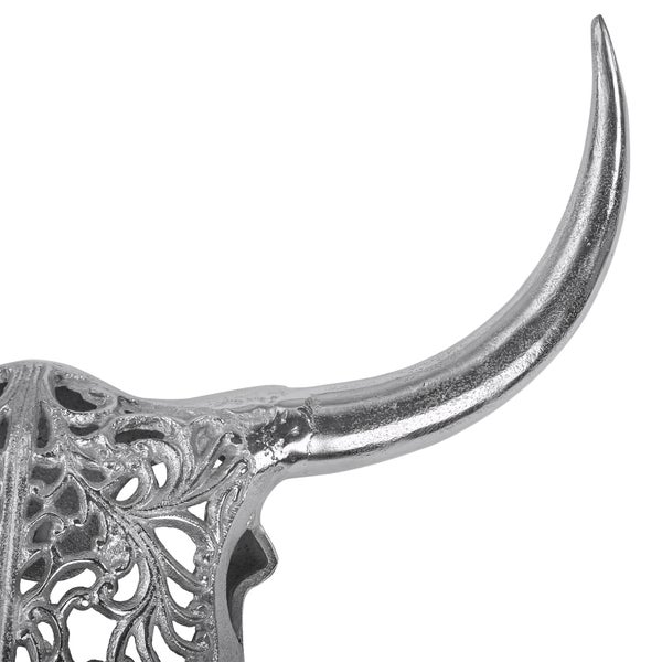 WOMO-DESIGN Schädel mit Hörner Unikat Skulptur Wand Dekoration Matador Büffel Silber 57x35 cm Wandskulptur aus Aluminium mit Nickelbeschichtung, Tierkopf Wohnaccessoire Zeichen Tierschädel Kuhschädel