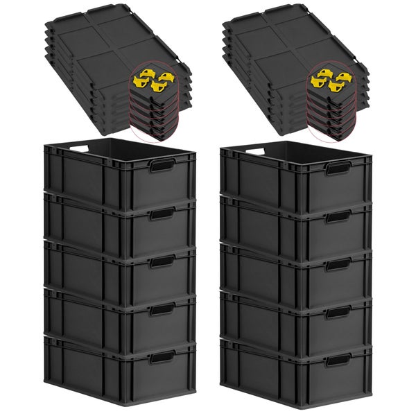PROREGAL SparSet 10x Eurobox NextGen Grip mit Auflagedeckel inkl. 4 gelben Schiebeschnappverschlüssen, HxBxT 22x40x60cm, 44 Liter, Schwarz, Griffe offen, Verstärkter Boden, Eurobehälter, Transportbox, Transportbehälter, Stapelbehälter