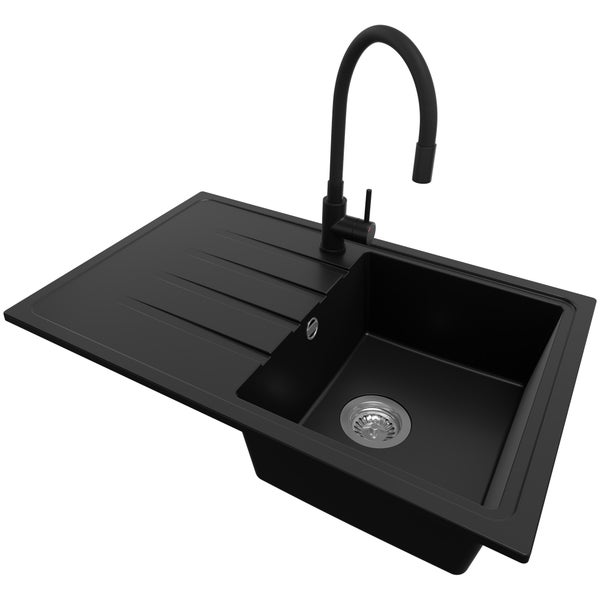 PRIMAGRAN Granitspüle Schwarz 78x50cm, Spülbecken 1 Becken + Küchenarmatur 40x38cm + Ablauf-Set, Küchenspüle ab 45er Unterschrank - Mailand