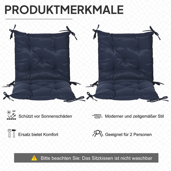 Zwei dunkelblaue Sitzkissen mit Bändern. Merkmale: Sonnenschutz, moderner Stil, hoher Komfort, Set für zwei Personen, nicht waschbar.