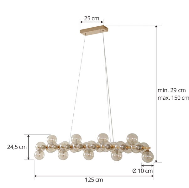Abbildung einer Pendelleuchte mit den Maßen 24,5 cm Höhe, 125 cm Breite, 10 cm Durchmesser, 25 cm Deckenbefestigungsbreite und einer Aufhängungslänge von 29 cm bis 150 cm.