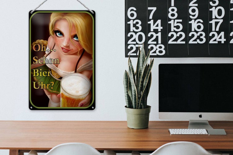 Blechschild Spruch 20x30cm Pinup Oh schon Bier Uhr