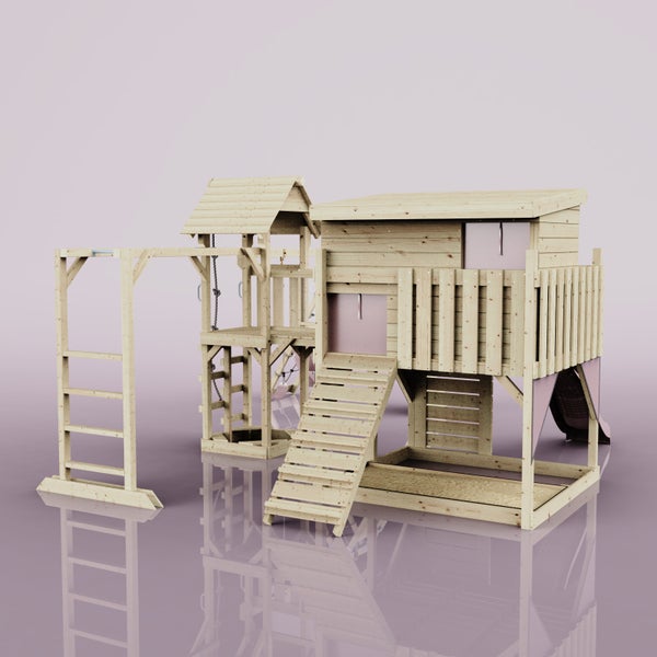 Spielturm aus Holz mit Rutsche, Kletterwand und Schaukel