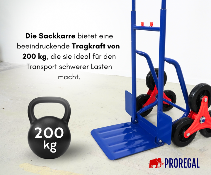 Treppensteiger Sackkarre mit einer Tragkraft von 200 Kilogramm neben einem Gewicht. Proregal Logo.