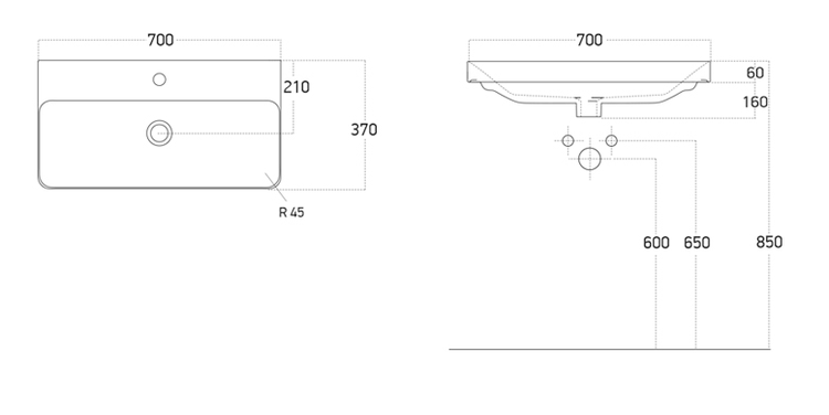 Technische Zeichnung eines Waschtisches mit Maßangaben
