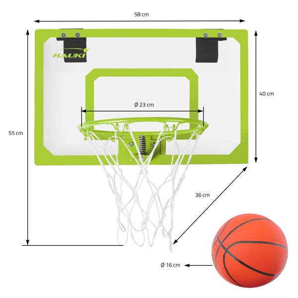 Hauki Mini Basketballkorb fürs Zimmer im Set 3 Bälle Ø16cm, Netz, Pumpe, 58x40 cm, Grün, tragbar, Backboard Tür/Wandmontage, ohne Bohren, Indoor Basketball Hoop hängend, Hängebrett Basketballbrett