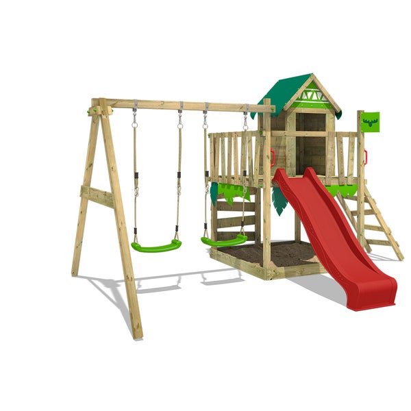 FATMOOSE Spielturm Klettergerüst JazzyJungle mit Schaukel und Rutsche, Spielhaus mit Sandkasten, Leiter und Spiel-Zubehör - rot