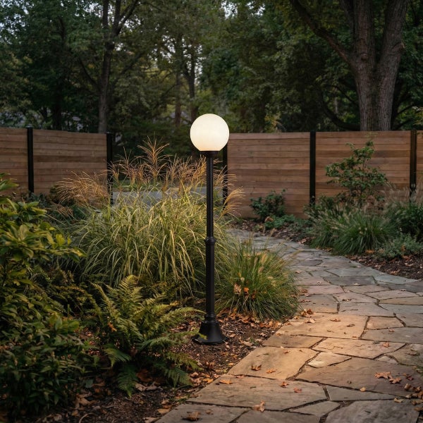 Schwarze Außen-Standleuchte mit weißer Kugelleuchte in einem Garten an einem Steinweg neben Gräsern und einem Holzzaun.