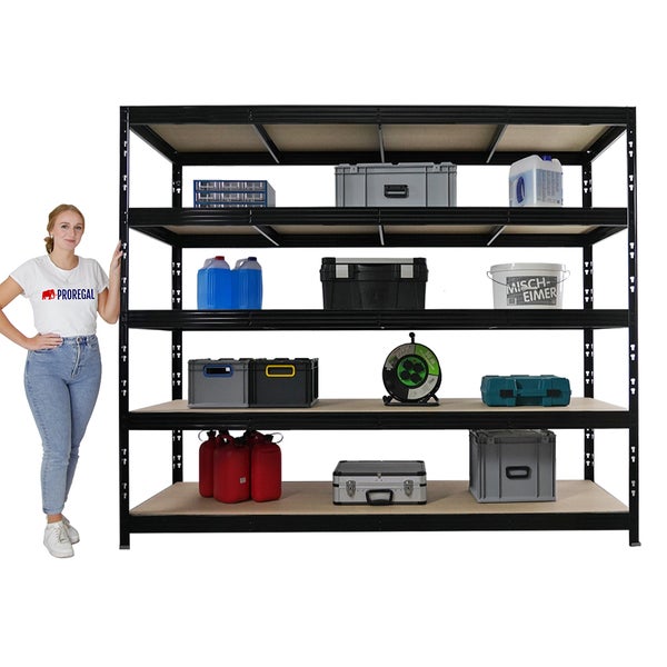 Schwarzes Schwerlastregal mit fünf Regalböden und Lagerbehältern