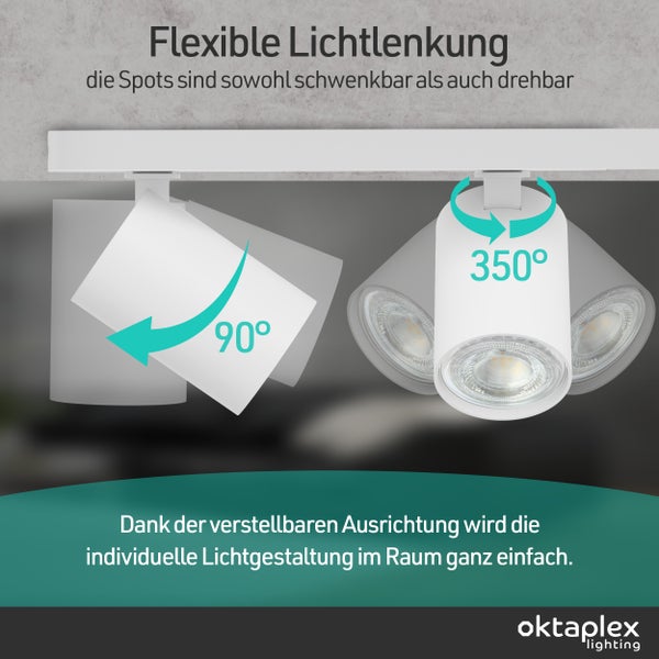 Oktaplex Lighting Strahler für Schienensysteme. Die Spots sind um 90 Grad schwenkbar und um 350 Grad drehbar für eine flexible Lichtlenkung.