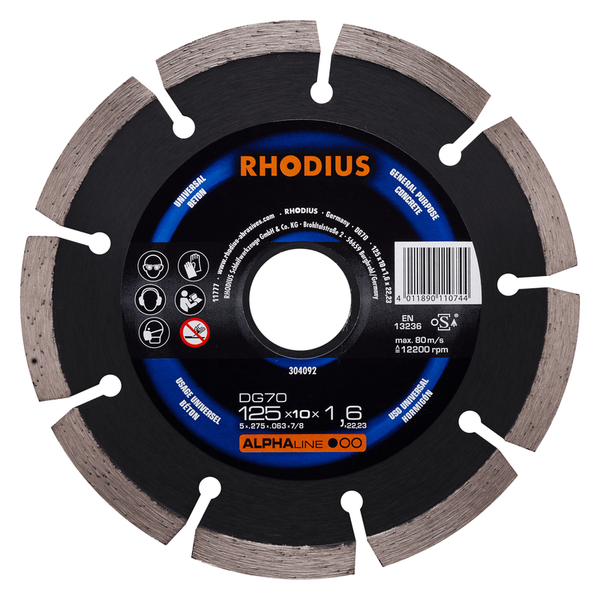 RHODIUS Diamanttrennscheibe DG70, 1 Stück, 115 x 10,0 x 1,6 x 22,23 mm für Beton, ALPHAline