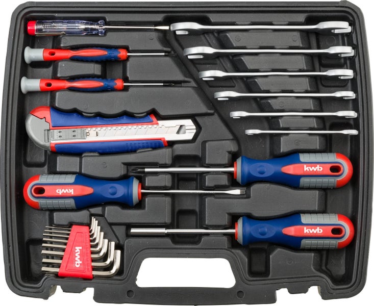 kwb Werkzeug-Koffer inkl. Schrauber-Bits, 42-teilig, gefüllt, robust und hochwertig, ideal für den Haushalt o. die Garage, GS geprüft, im praktischen Kunststoffkoffer, Rot, Blau, Grau