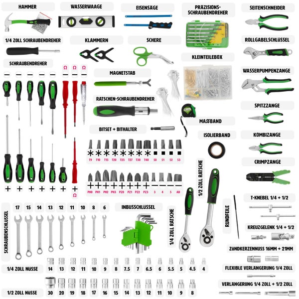 Werkzeugsortiment mit Hammer, Wasserwaage, Schraubendrehern, Zangen und vielem mehr