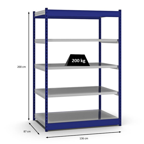 PROREGAL Fachbodenregal Stecksystem Vierkant-Profil Grundregal HxBxT 200 x 132,5 x 80 cm 5 Ebenen Einseitige Bauart Fachlast 200 kg Enzianblau