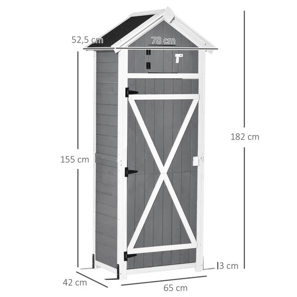 Outsunny Gartenschrank Holz, Geräteschuppen wetterfest 78x52,5x182cm, Gerätehaus mit Tür, Satteldach, Geräteschrank mit Haken, faltbar Tisch, Werkzeugschrank Gartenschuppen für Garten, Terrasse, Grau