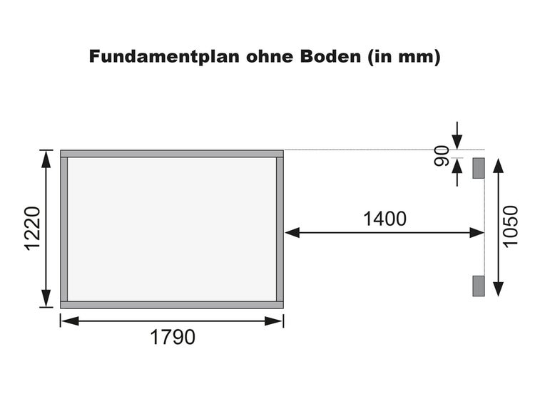 Fundamentplan ohne Boden in Millimeter mit den Maßen 1790 mal 1220 Millimeter und einer Türöffnung von 1050 Millimeter.