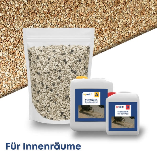 Steinteppich-Set für Innenräume bestehend aus einem Beutel Natursteinen und zwei Kanistern mit zweikomponentigem Bindemittel.