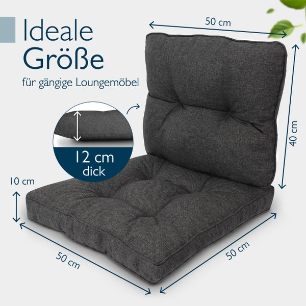 Dunkelgraues Lounge-Kissen-Set. Sitz 50 mal 50 Zentimeter, Rücken 50 mal 40 Zentimeter, Dicke 12 Zentimeter.