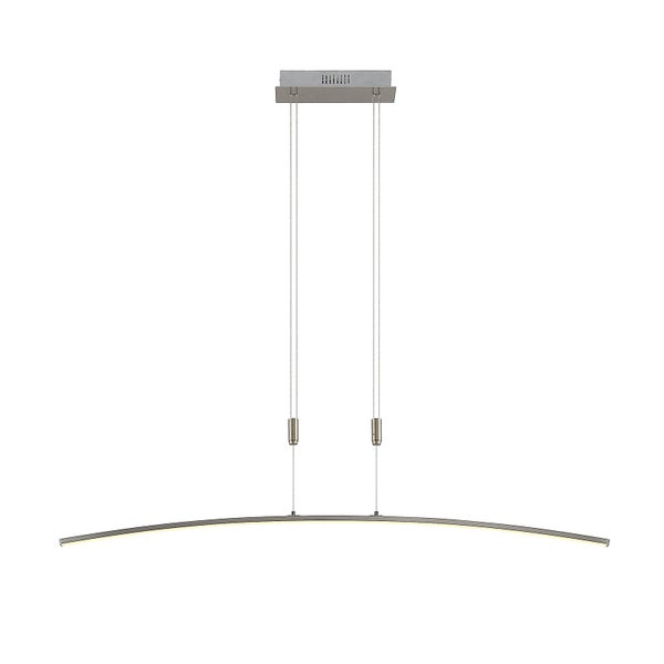 Höhenverstellbare LED-Pendelleuchte mit gebogenem Lichtbalken aus gebürstetem Metall.