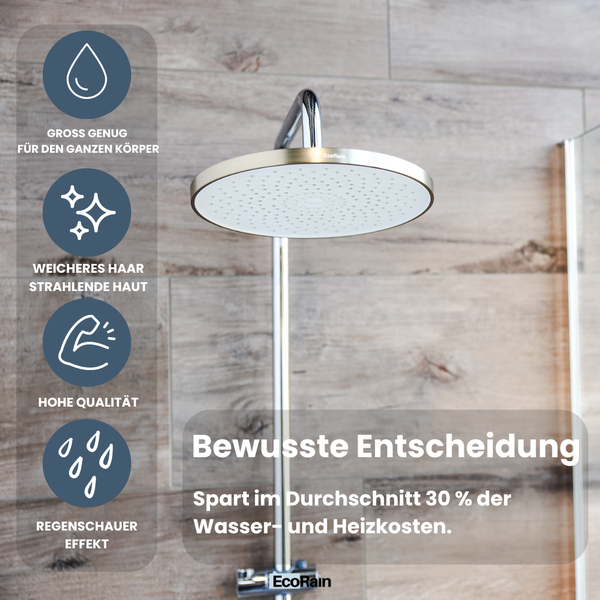 EcoRain 30% Wassersparender Regenduschkopf Matt 25 CM Rund - Hoher Wasserdruck - Universeller Anschluss - Anti-Kalk Duschkopf - Gebürstetes Gold