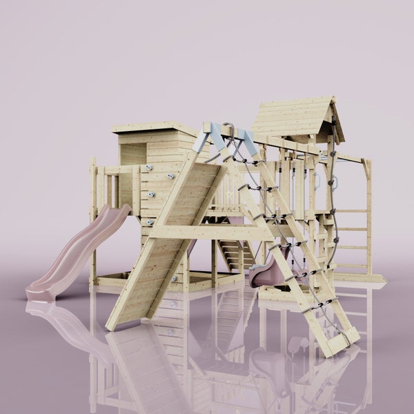 Spielturm aus Holz mit Rutsche, Kletterwand und Schaukel