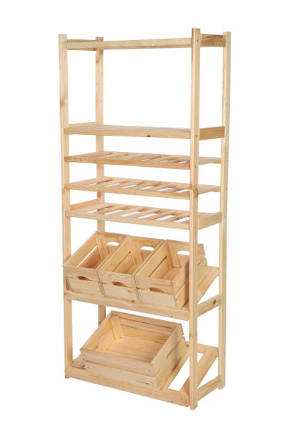 PROREGAL Getränkekisten- & Weinregal SPREEWALD HxBxT 163x70x33cm 18 Flaschen auf 3 Ebenen + 2 Ebenen für Kisten + 2 Ablagen Massives Kiefernholz Natur