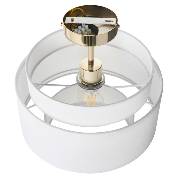 Deckenleuchte mit zweistufigem Textilschirm in Weiß und Metallgehäuse in Goldoptik.