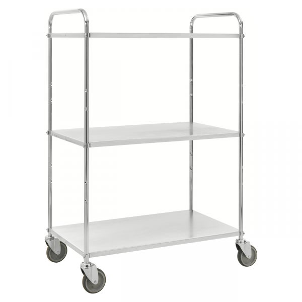 Servierwagen aus Metall mit drei Ablageflächen und Rollen