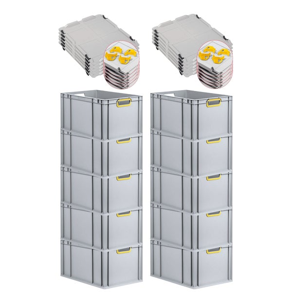 PROREGAL Spar Set 10x Eurobox Nextgen Color Mit Auflagedeckel & Schiebeschnappverschlüsse HxBxT 32 x 40 x 60 cm Griffe Gelb Offen Verstärkter Boden