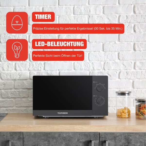 Telefunken Mikrowelle Solo Mikrowellengerät klein mit 20 L Garraum 700 W 5 Leistungsstufen schwarz B-MW-20-G-B