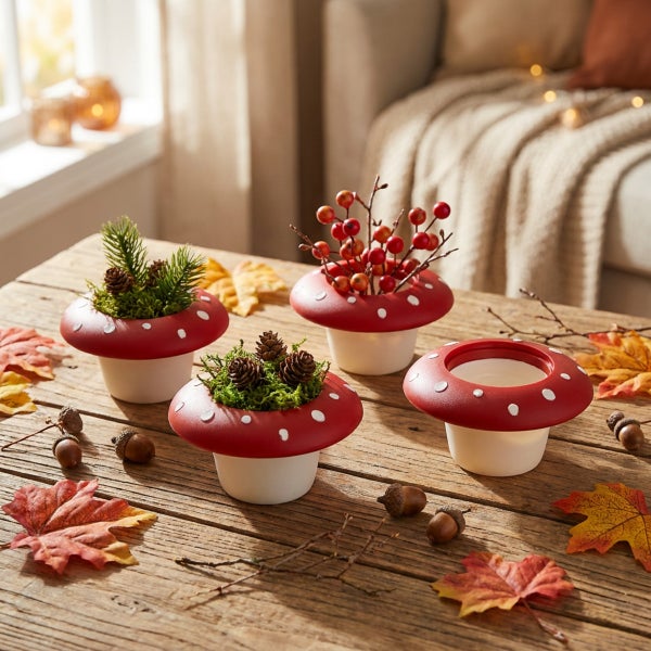 Vier pilzförmige Pflanzgefäße als Herbstdekoration mit Moos, Tannenzapfen und Beeren auf einem Holztisch, umgeben von Herbstlaub.