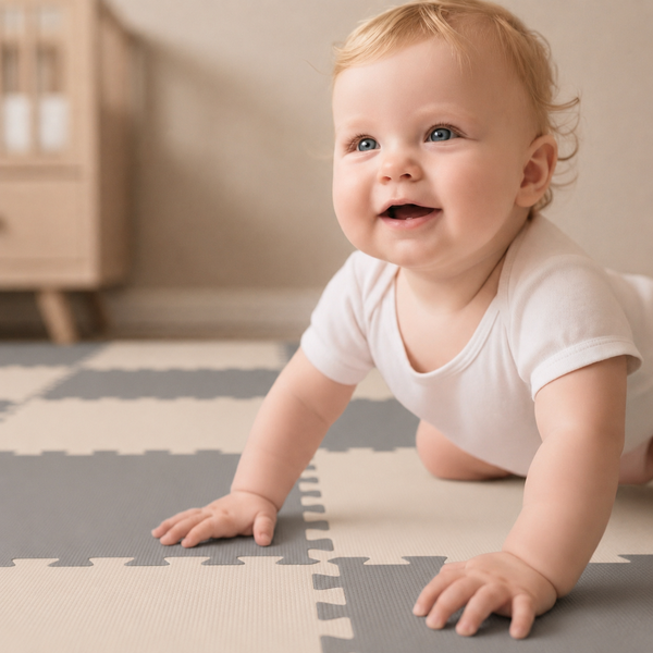 Ein Kleinkind krabbelt auf einer weichen Puzzlematte aus Schaumstoff in einem freundlichen Kinderzimmer.