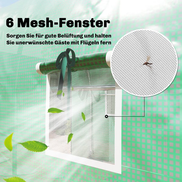 Gewächshaus mit sechs Mesh-Fenstern für Belüftung und Insektenschutz, Fensterabdeckung aufgerollt und mit Schleife befestigt.