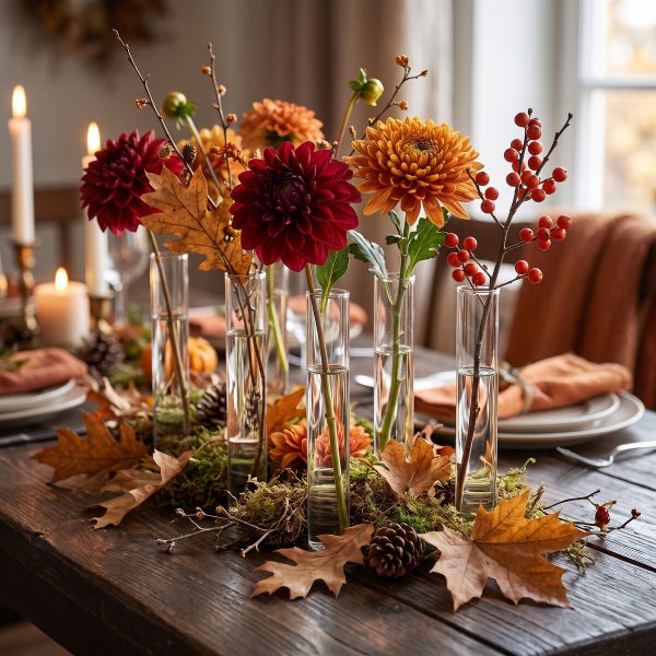 Herbstliche Tischdekoration mit Glasvasen, Dahlien, Chrysanthemen, Beeren und getrockneten Blättern auf einem Holztisch mit Kerzenschein.