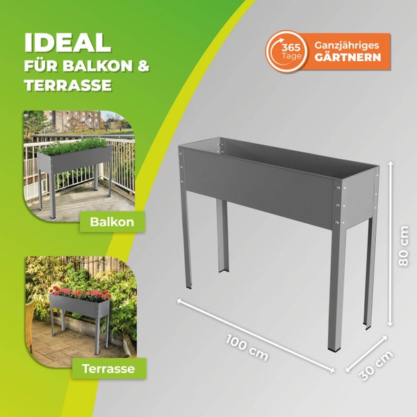 Graues Hochbeet aus Metall, Maße 100 mal 30 mal 80 Zentimeter. Ideal für Balkon und Terrasse zum ganzjährigen Gärtnern.