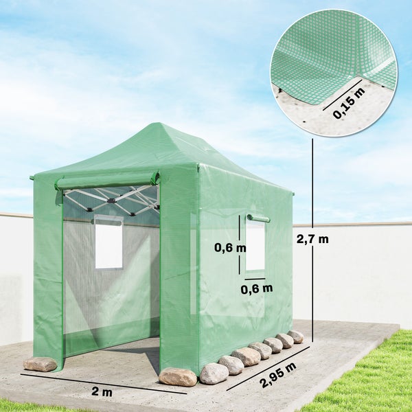 Grünes Foliengewächshaus aus Gitterfolie, Maße 2 Meter Breite, 2,95 Meter Länge, 2,7 Meter Höhe, Fenster 0,6 Meter mal 0,6 Meter.