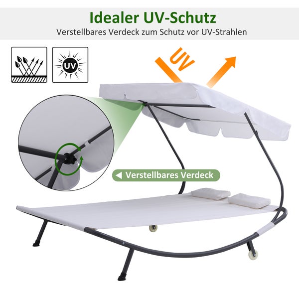 Outsunny Sonnenliege rollbar Campingliege mit Kopfkissen, Dach UV-beständig und wasserabweisend Gartenliege Liegestuhl bis 220kg belastbar für Balkon, Garten, Cremeweiß