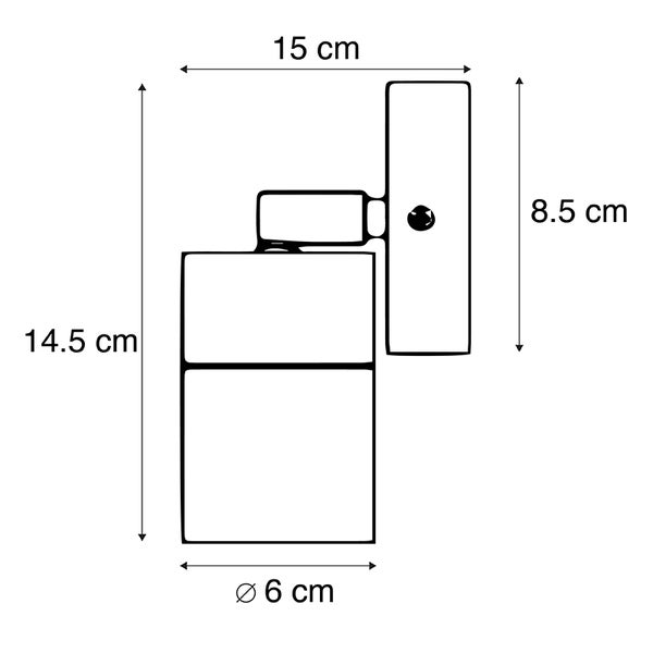 Maßskizze Wandleuchte: Breite 15 Zentimeter, Gesamthöhe 14,5 Zentimeter, Halterungshöhe 8,5 Zentimeter, Durchmesser 6 Zentimeter.