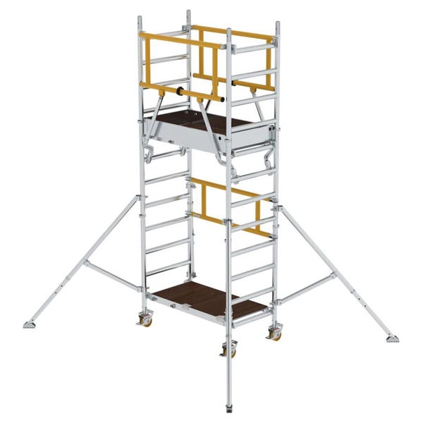 Rollgerüst aus Aluminium mit zwei Plattformen und Auslegern für Stabilität