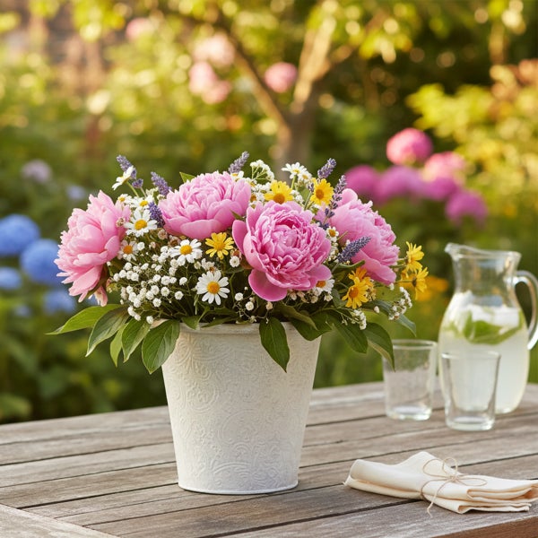 Blumenstrauß aus rosa Pfingstrosen, Margeriten und Lavendel in einem weißen Topf mit Prägemuster auf einem hölzernen Gartentisch.