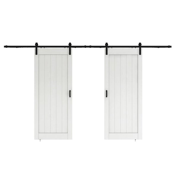 Holzschiebetür Komplettset Scheunentor weiß Doppelflügelig Beschlag in schwarz - 1800x2150mm