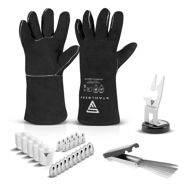 Schweißzubehör-Set von Stahlwerk bestehend aus schwarzen Lederhandschuhen, Keramikdüsen, Stromdüsen, einem Magnet-Brennerhalter und Düsenreinigungsset.