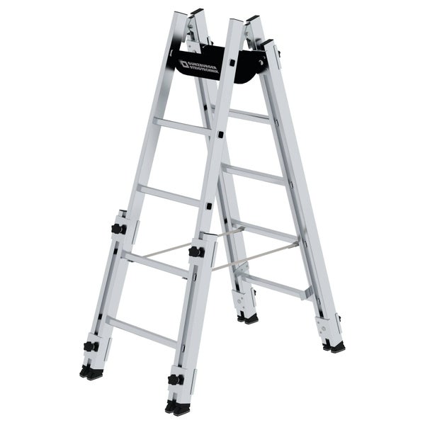 GÜNZBURGER STEIGTECHNIK Teleskop-Stehleiter aus Aluminium mit Werkzeugablage und vier einzeln höhenverstellbaren Leiterbeinen.