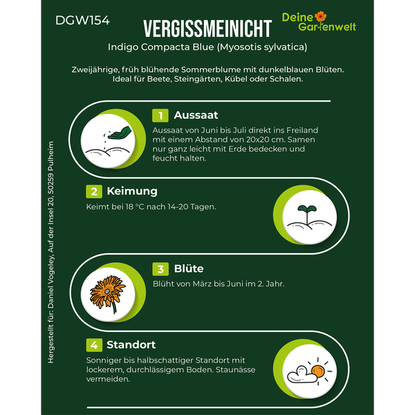 Infografik für Vergissmeinnicht Indigo Compacta Blue mit Hinweisen zu Aussaat, Keimung, Blüte und Standort. Deine Gartenwelt Logo.