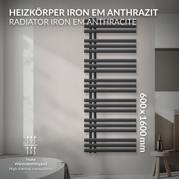 ECD Germany Iron EM Design Badheizkörper - 600 x 1600 mm - Anthrazit - Designheizkörper Paneelheizkörper Heizkörper Handtuchwärmer Handtuchtrockner Heizung Radiator