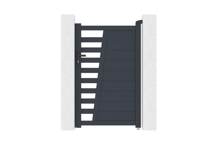 Gartentor aus Aluminium, Anthrazit, modernes Design mit Lamellen und geschlossener Fläche, montiert zwischen zwei Pfosten.