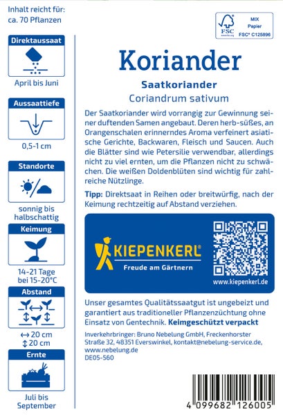 Saatgutpackung Koriander mit Pflanzanleitung und Kiepenkerl Logo